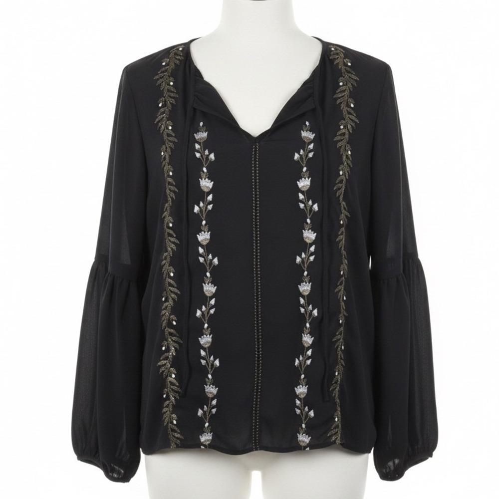 Lord and Taylor Black Embroidered Blouse Size Large Boho Dark Romantic Peasant